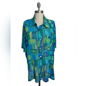 CATHY CHE Blue & Green Mosaic Short Sleeve Blouse | SZ 18